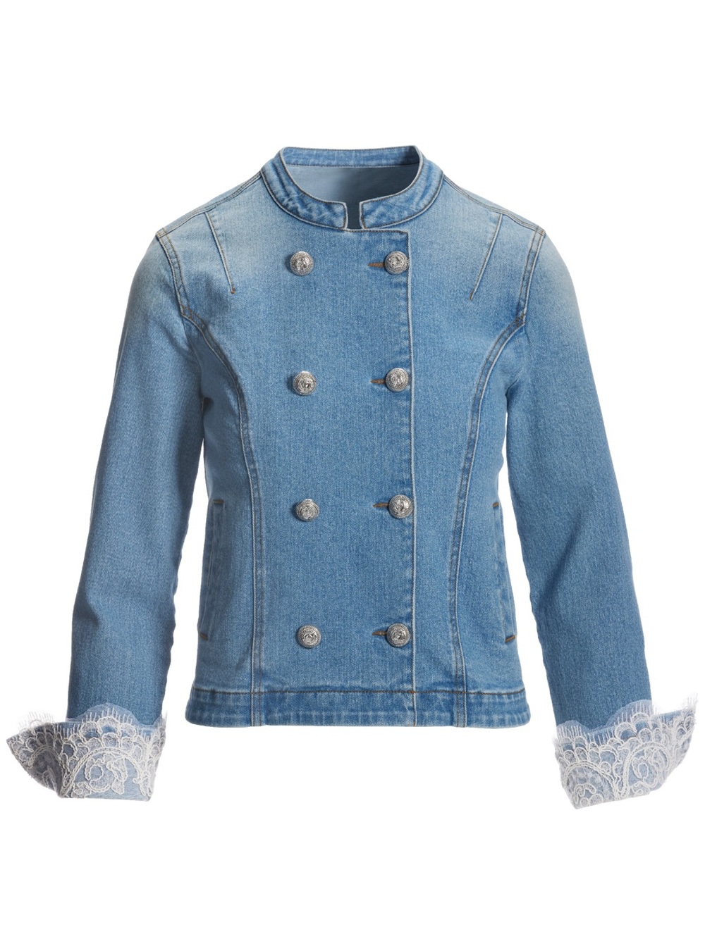Boston Proper Light Blue Denim Double-Breasted Jean Jacket with Lace Cuffs - Picture 12 of 13